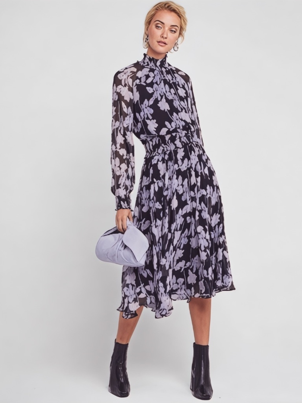 O.P.T for Anthropologie Black Purple Floral Smocked Boho Midi Dress Size M